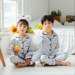 Pyjamas Silk for Girls Boy Pyjama Sets Summer Autumn Satin Long Sleeve Fashion Grey Pijama Baby Kid Pyjamas Sleepwear Suit 3 14Y 220922