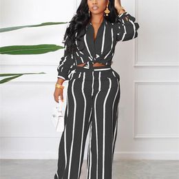 Women's Two Piece Pants Woman Lace Up Stripe Long Sleeve Button Up Trousers Set Female Autumn Casual Fashion Shirt Pants Suit Lady Wide Leg Pants Suit 220922