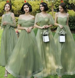 2023 Gorgeous Bridesmaid Dresses Tulle A Line Halter Spaghetti Straps Ankle Length Satin Sleeveless Beach Wedding Guest Gowns Plus Size Custom Made