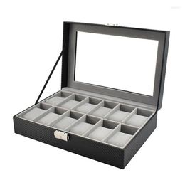 Watch Boxes 12-Slot Box Stand With Glass Cover Grey Velvet Wooden Storage In Carbon Fibre Pu Leather