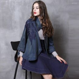 Women's Jackets Women's 2022 Autumn Fashion Women Loose Denim Jacket Vintage Embroidery Coat 3/4-Length Sleeve Female Jeans Mujer