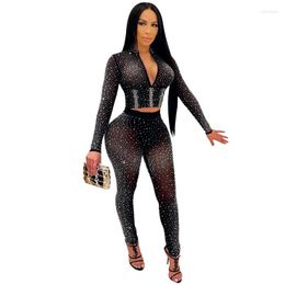 Women's Two Piece Pants Women's Cutubly Mesh See Through 2 Set Sexy Club Party Diamonds Women Outfits V Neck Long Sleeve Crop Top Tight