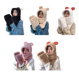 Berets Kawaii Cartoon Sweet Cute Bear Ears Plush Hat Scarf Women Birthday Gift Warm Winter Thick Mittens Windproof Set