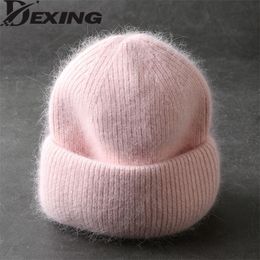 BeanieSkull Caps Fabbit Fur Beanies Soft Warm Fluffy WInter Hat for Women Angora Knitted Female Bonnet Woman Knit Cap 220922