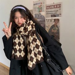 Scarves Wool Knitted Scarf Retro Plaid Women's Winter Vintage Rhombic Thick Foulard Shawl for Female 220922