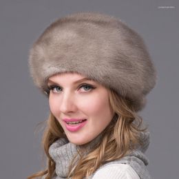 Berets Real Hat Winter Women's With Diamond Brown Cap Beret Russian Quality Elegant DHY-53