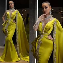 Arabic Lemon Green Crystals Formal Evening Dresses Mermaid Dubai Indian High Neck One Sleeve Cape Beads Long Trumpet Prom Gowns BC10567