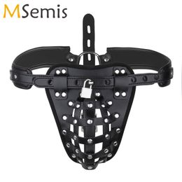 Briefs Panties Men Chastity Underwear Erotic PU Leather Caged Basket G-string Briefs Sissy Gay Open Butt Jockstrap Panties Sexy Thong with Lock 220922