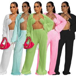 Sexy Bikinis Three Piece Womens Sets Fall Cardigan Wide Leg Pants Mini Shorts Outfits Boutique Clothing S-XXL