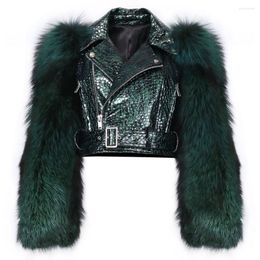 Women's Leather YOLOAgain Fur Sleeve Crocodile Pattern Genuine Jacket Women