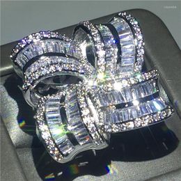 Cluster Rings Luxury Big Flower White Gold Filled Ring Zircon Stone Engagement Wedding Band For Women Bridal Statement Jewellery