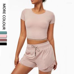 Active Sets Elastic Soft Nylon Sportswear Women Two Piece Sports Set Fitness Crop Top 2 In 1 Shorts Female Workout Yoga Suit Gym Clothes