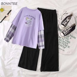 Women's Two Piece Pants Sets Women Cute Fresh Purple Korean Trendy College Girls Outfits Harajuku Long Sleeve Tops Tee Allmatch Elastic Waist Trousers 220922