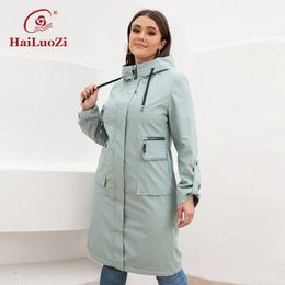 Women s Plus Size Outerwear Coats HaiLuoZi Spring Trench Coat Mid Length Waterproof Hooded Jacket Women Sports Solid Color Windbreaker 9666 220922