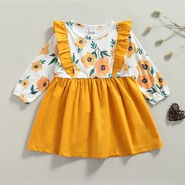 Girl Dresses Pudcoco Kids Summer Dress Floral Stitching O-Neck Ruffled Long Sleeves Casual Skirt For Girls 18 Months To 5 Years