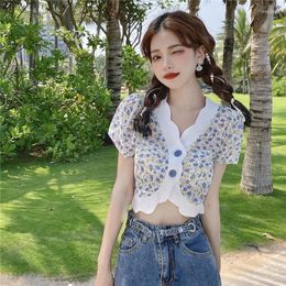 Women's T Shirts Floral Crop Top V-neck Woman Tshirts Asymmetric Summer Beach Style Fashion Brand Sweet Ulzzang Chiffon Tees Female 2022