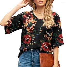 Women's T Shirts Women's T-Shirt Elegant V-Neck Tops Printing Flared 3/4 Sleeve Shirt Plus Size Tee Summer Loose Streetwear Pullover