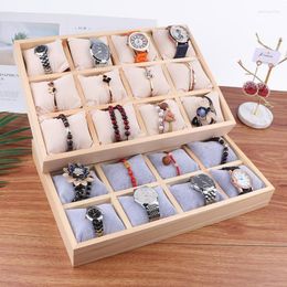 Jewellery Pouches Log Frame Flannel Watch Display Plate Bracelet Tray 12 Grid Wooden Storage