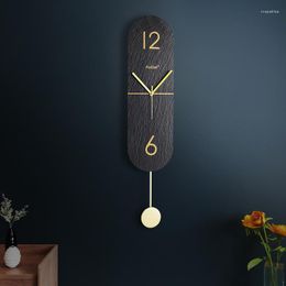Horloges murales longues numériques Métal créatif simple avec pendule autocollants sans punch Art Natural Slate Home Decor Klok B