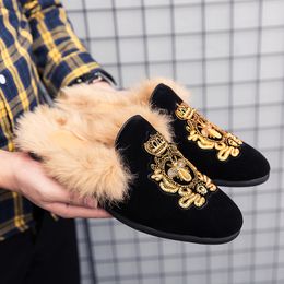 Half Drag Fashion Men Shoes Winter Furry Faux Suede Embroidered Slip on Baotou Slingback Comfortable Casual Daily AD