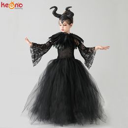 Special Occasions Kids Black Devil Tutu Costume Gothic Halloween Girls Fancy Dress with Feather Shawl Villain Royal Dark Queen Gown 220922