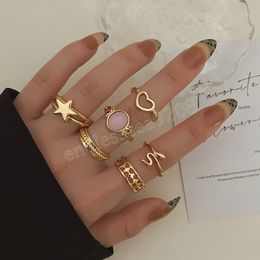 Korea Fashion Ring 6Pcs/set Snake Stone Metal Chain Trendy Geometry Heart Star Rings Set for Women Girls Jewellery Gifts