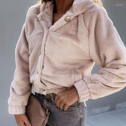 Women's Jackets Women's 2022 Casual Warm Soft Button Hooded Jacket Autumn Winter Faux Fur Coat Women Plush Overcoat Elegant Pocket