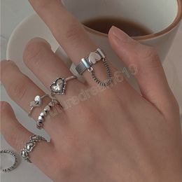 Fashion Vintage Heart Ring Set Love Chain Kpop Punk Rings for Couples Lovers Men Women Girls Party Gift Wedding Rings