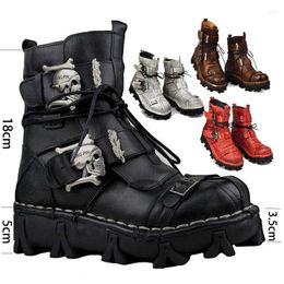 Boots Men's Cowhide Genuine Leather Motorcycle Military Combat Gothic Skull Punk Work & Safety Plus Size37-50