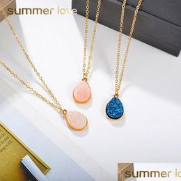 Pendant Necklaces Teardrop Resin Stone Crystal Druzy Pendant Necklace For Women Gold Plating White Pink Blue Fashion Jewellery Drop Del Dhyae