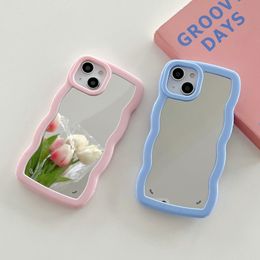 Caseative Cute Curly Wave Shape Cases Mirror Makeup TPU Frame Shockproof Transparent Clear For iPhone 14 13 12 11 Pro Max XR XS X 8 7 Plus