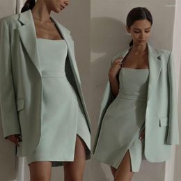 Women's Two Piece Pants Light Green 2 Pieces Modern Women Suits Blazer V Tube Top Dress Thigh Length Work Wear Mother Of The Bride Tailored