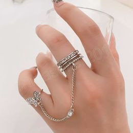 Silver Color Butterfly Open Ring for Women Men Vintage Geometric Chain Crystal Rings Set Adjustable Jewelry Party