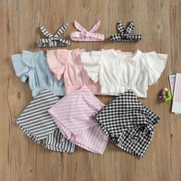 Clothing Sets Kids 3Pcs Stripe Suit Round Neck Short Pagoda Sleeve Tops Shorts Hairband 2022 Summer Baby Girls Clothes 1-5Y