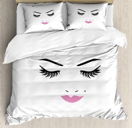 Bedding Sets Eyelash Duvet Cover Set Closed Eyes Pink Lipstick Glamour Makeup Cosmetics Beauty Feminine Design Decorative 3 Piece