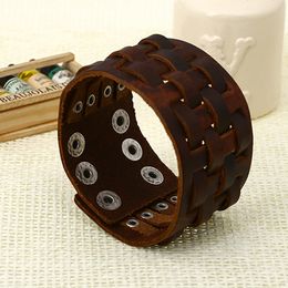 Leather Knit Square Bangle Cuff Button Adjustable Bracelet Wristand for Men Women Fashion Jewelry Gift