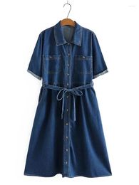 Plus Size Dresses Women's Clothing Summer Denim Dress Lapel Short Sleeves With Belted Extra Large Thin Soften Cardigan