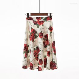 Skirts 2022 Summer Women Chiffon Print Floral Elastic Casual Skirt Vintage Elegant Bodycon Midi Saia
