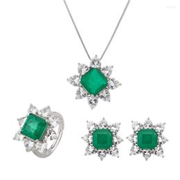 Necklace Earrings Set EYIKA Retro Heart Zircon Flower Jewellery Princess Cut Green Fusion Stone Stud Earring Ring For Women Wedding Party