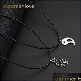 Pendant Necklaces New Black White Splice Gossip Tai Chi Yin Yang Pendant Necklace For Couple Fashion Women Men Leather Rope Jewellery D Dhf53