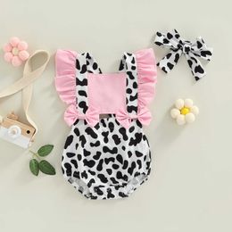 Rompers Baby Rompers Headdress Summer Newborn Baby Clothes For Girls Ruffle Sleeve Cow Print Jumpsuit Baby Clothes Casual Outfits J220922