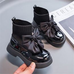 Childrens Boots Fashion Patent Leather Bow Child Girls Leather Shoes Autumn New Kids Socks Single Boot