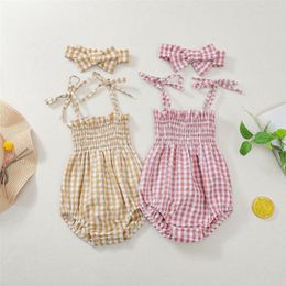 Clothing Sets Toddler Baby Girl Plaid Printing Two-pieces Set Infant Girl's Square Collar Sleeveless Bodysuit Headband