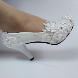 Dress Shoes 2022 Arrival White Lace Flower Women Wedding Bride High Thin Heel Round Toe Platform Shallow Pumps