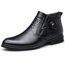 Boots Winter Cotton Men's High-Top Crocodile Pattern Leather Shoes Handmade Genuine Warm