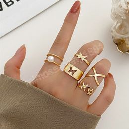 Korean Fashion Gold Color Butterfly Moon Cross Ring Set For Women Lover Couple Pearl Wedding Open Ring Jewelry Gift