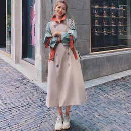 Women's Trench Coats Women's Autumn/Winter Personality Stitching Retro Patchwork Coat Lapel Long Sleeve High Belt With Bow Luxury