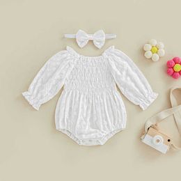 Rompers Baby Girls Autumn Elastic Jumpsuit Outfit Solid Colour Lace Floral Ruffles Casual Long Sleeve Rompers Headband J220922