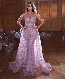 Purple Shiny Prom Dresses Lace Sleeveless V Neck Spaghetti Straps Appliques Shiny Sequins Evening Dresses Detachable Train Floor Length Party Gowns Custom Made