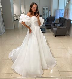 Princess White A-Line Wedding Dresses Long Organza Bridal Gowns With Detachable Short Sleeves Ruched Pleats Simple Romantic Robe De Mariage